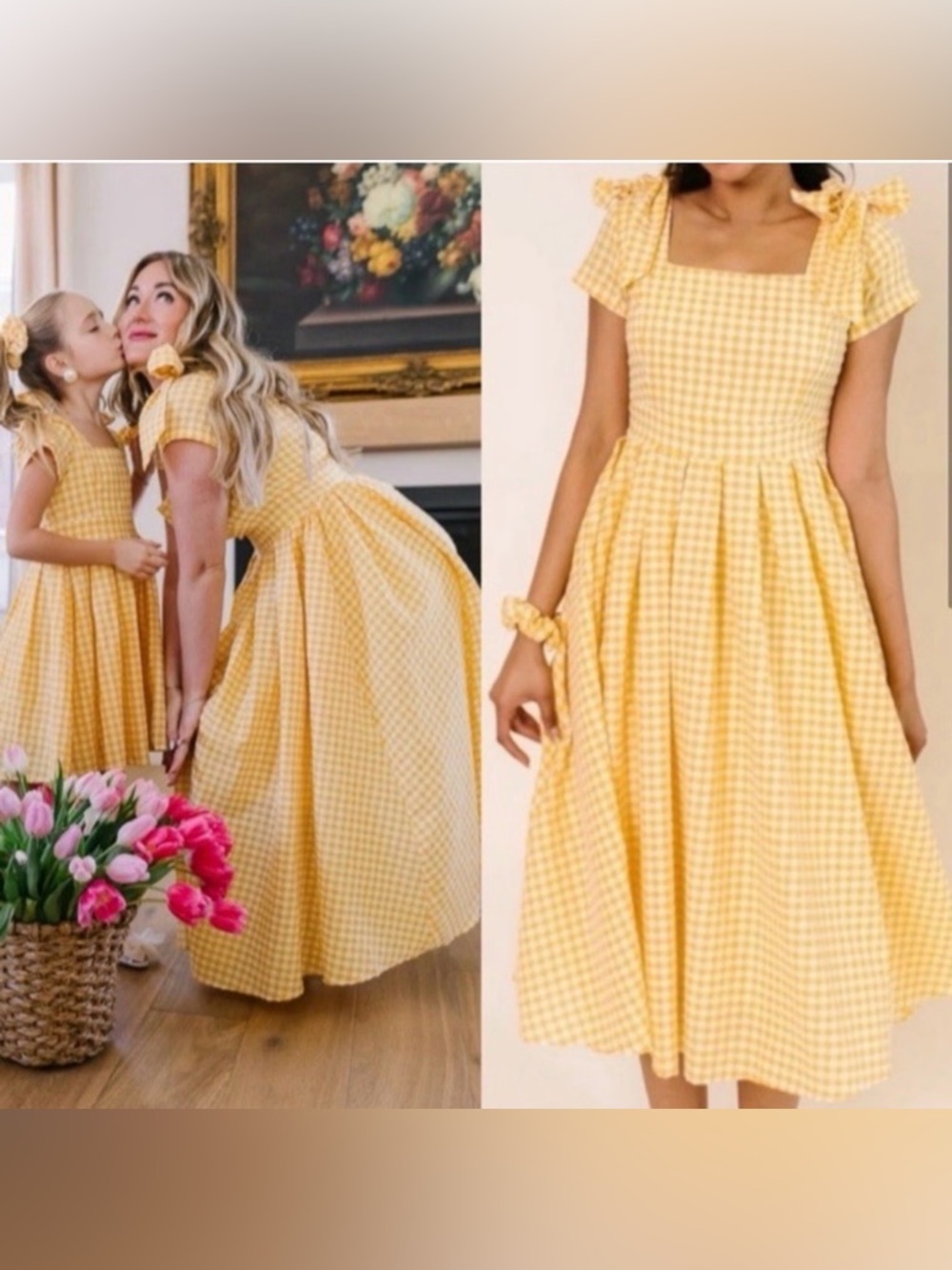 Ivy city co Yellow Gingham Midi Dress with Square Neck